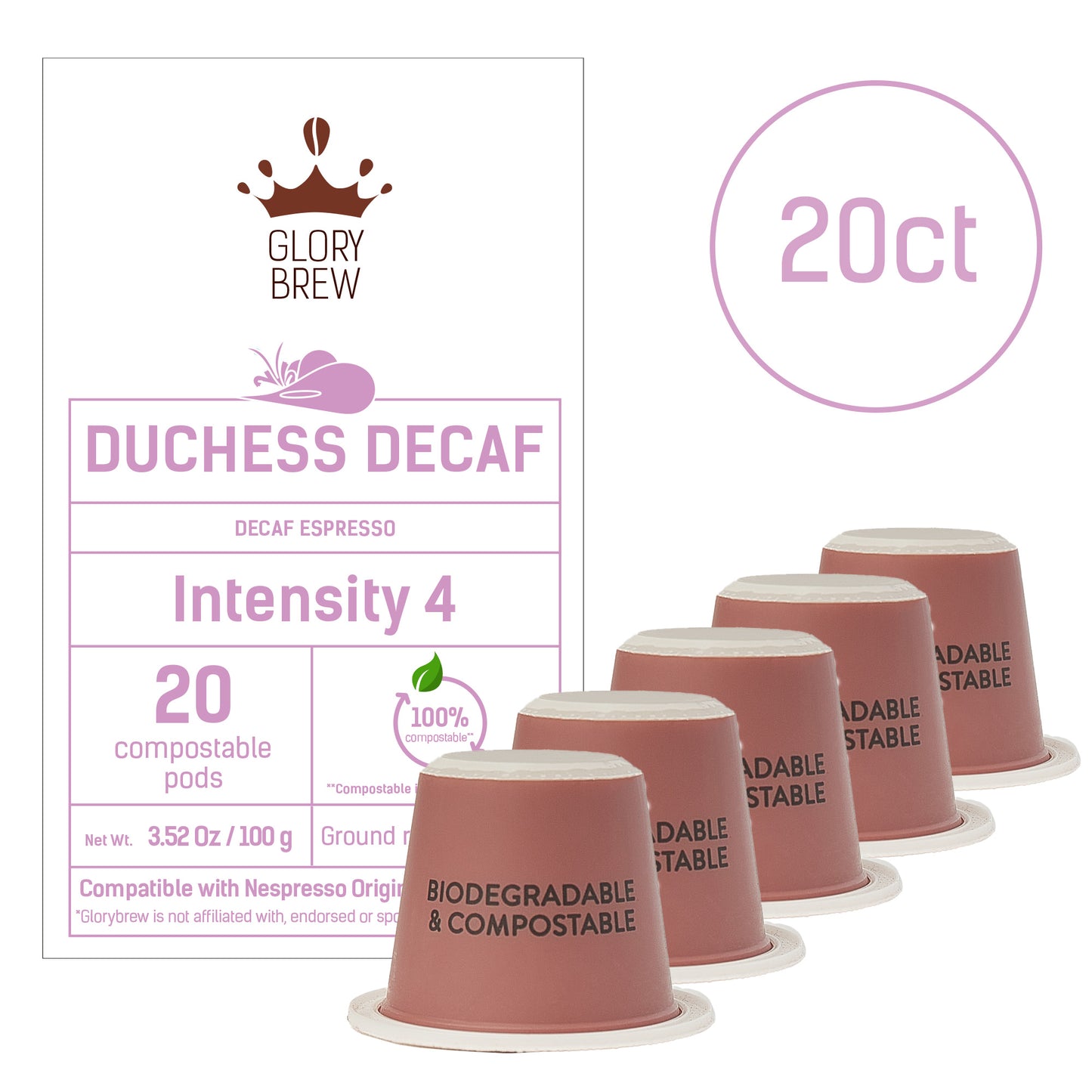 Duchess Decaf - Compostable Espresso Trial Pack - 20 Pods - Intensity 4 - Without Caffeine