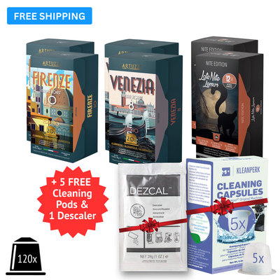 New Customer Special 120ct: Espresso Variety + 1 FREE Descaling Packet + 5 FREE Cleaning Capsules