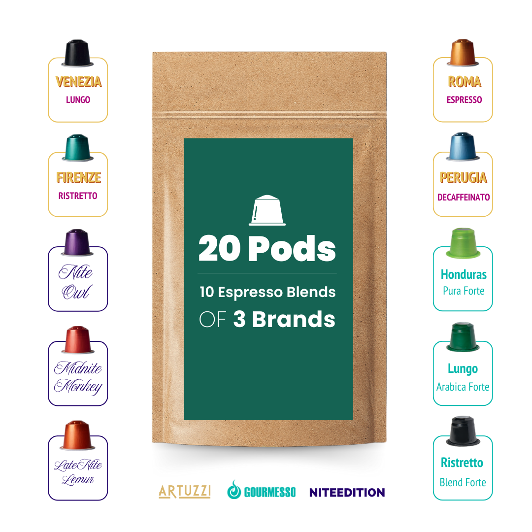 3-Brand Espresso Sampler Pack of 10 Blends - 20 Pods