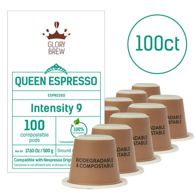 Queen Espresso – Wholesale Bundle – 100 Compostable Espresso Pods – Intensity 9