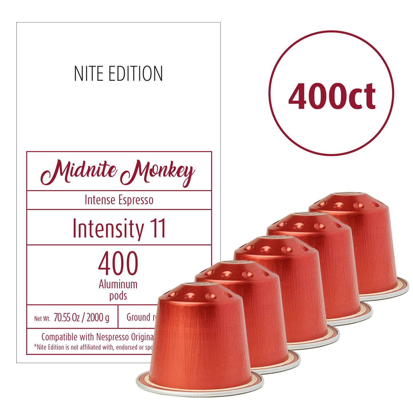 Midnite Monkey - Wholesale Bulk Pack - High Intensity Espresso Pods - 400 Pods - Intensity 11