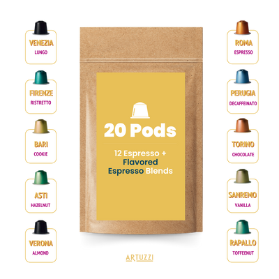 Artuzzi Espresso & Flavors Sampler Pack of 10 Blends - 20 Pods