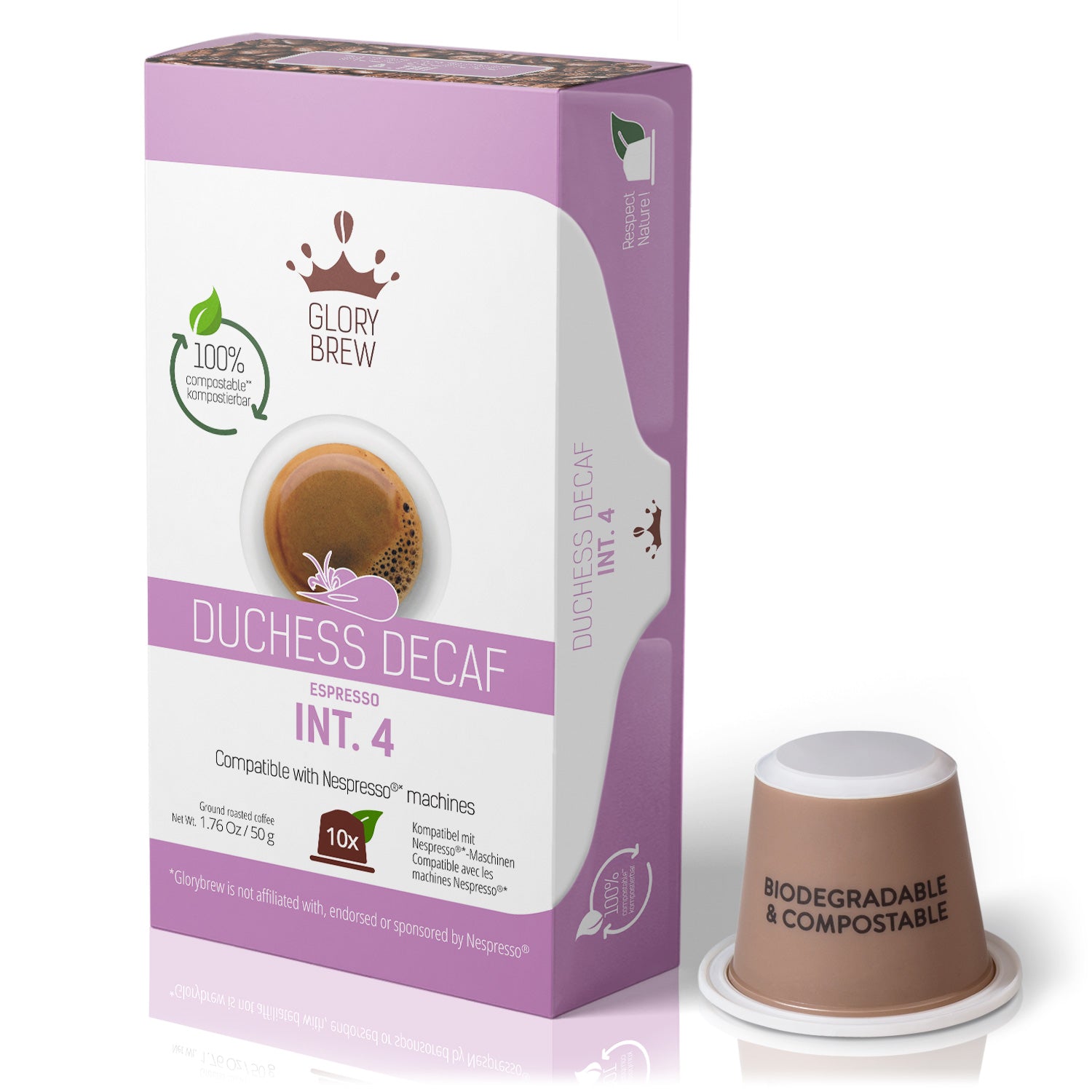 Glorybrew Compostable Pods for Nespresso 10 ct Duchess Decaf Compatible Capsules Size Medium