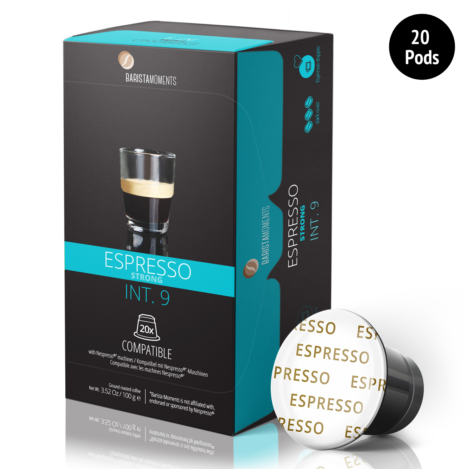 Barista Moments - Strong Espresso Pods for Nespresso Original Machines. 20 Pods, Dark Roast, Intensity 9 - Nespresso Compatible Coffee Capsules